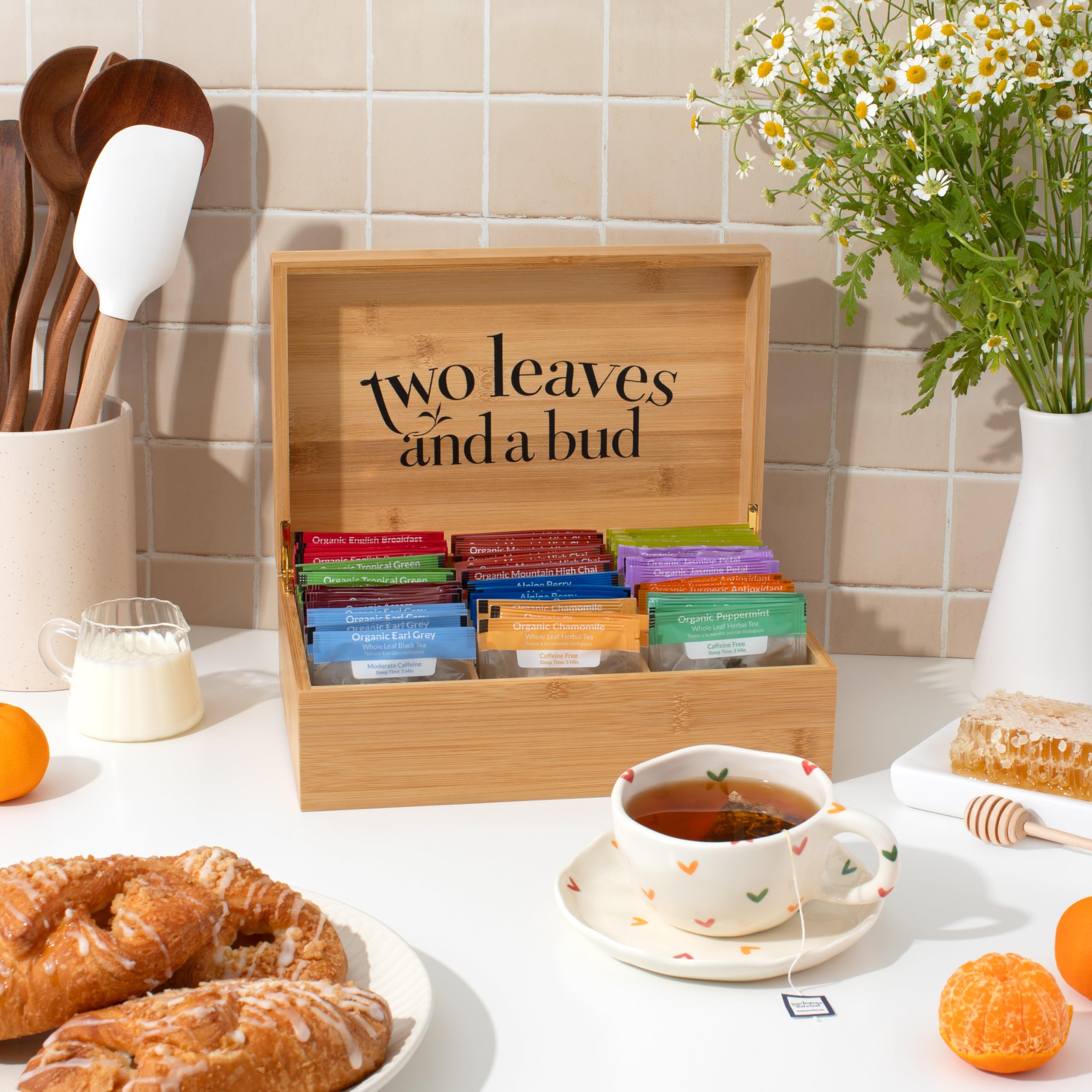 Two Leaves and a Bud tea sampler six-varieties display green, black, and herbal options