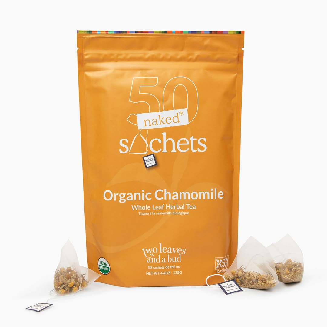 Two Leaves and a Bud organic chamomile tea bag close-up with delicate flowers, highlighting caffeine-free calm.