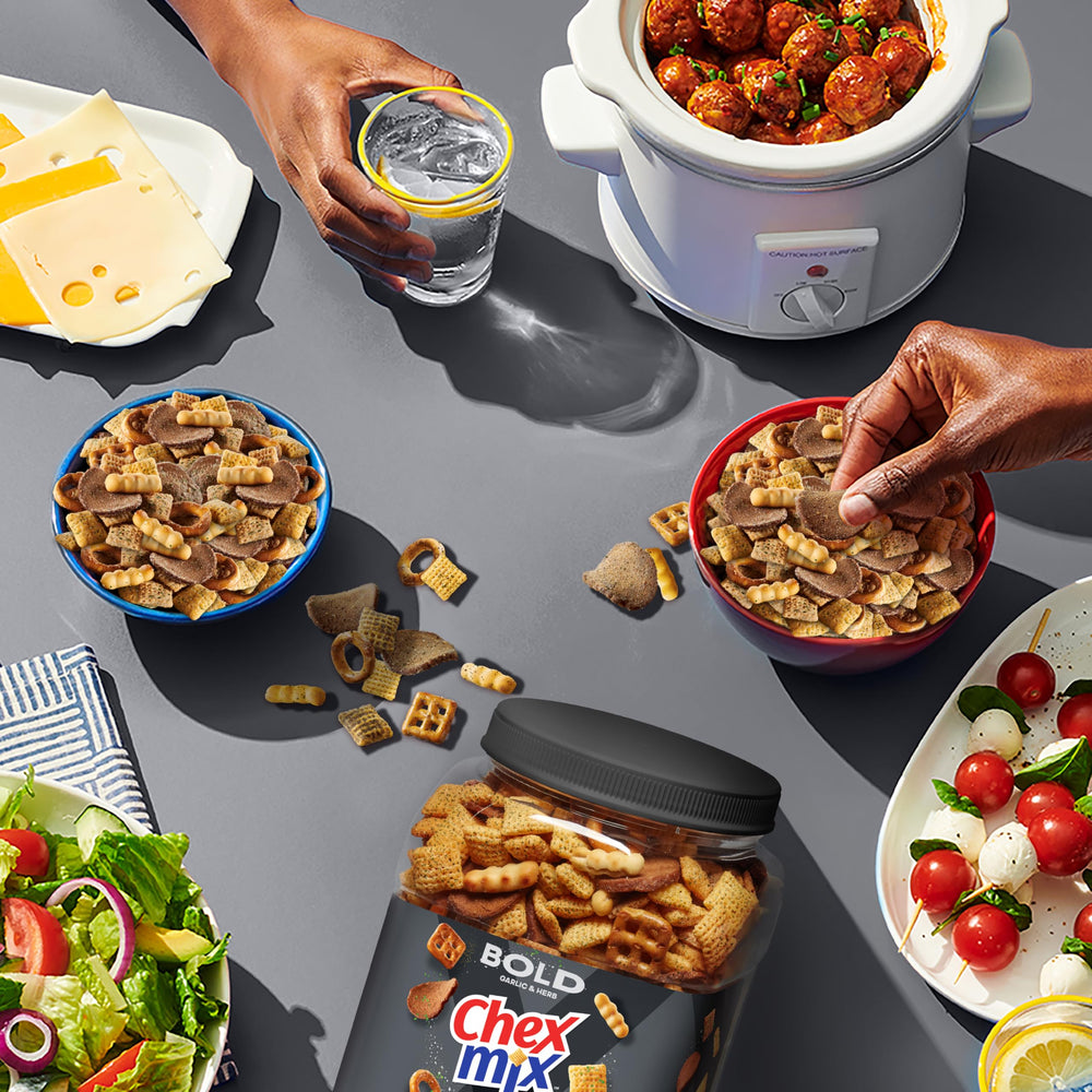 Two pretzel shapes in Chex Mix offering bite-size crunch.