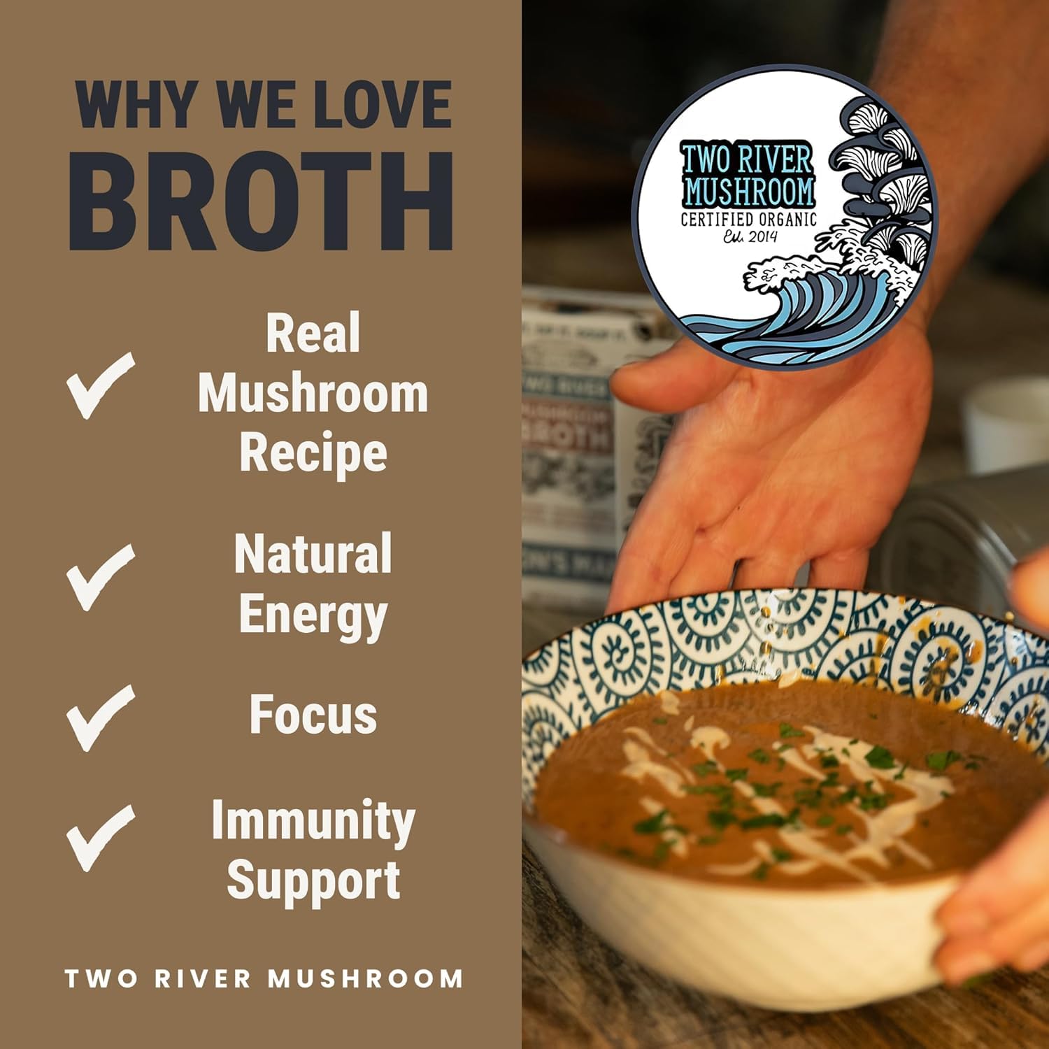 Two River Lion's Mane broth close-up highlights organic ingredients.