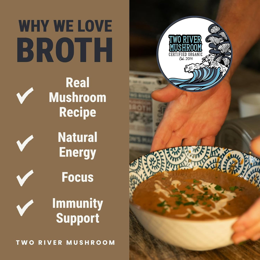 Two River Lion's Mane broth close-up highlights organic ingredients.