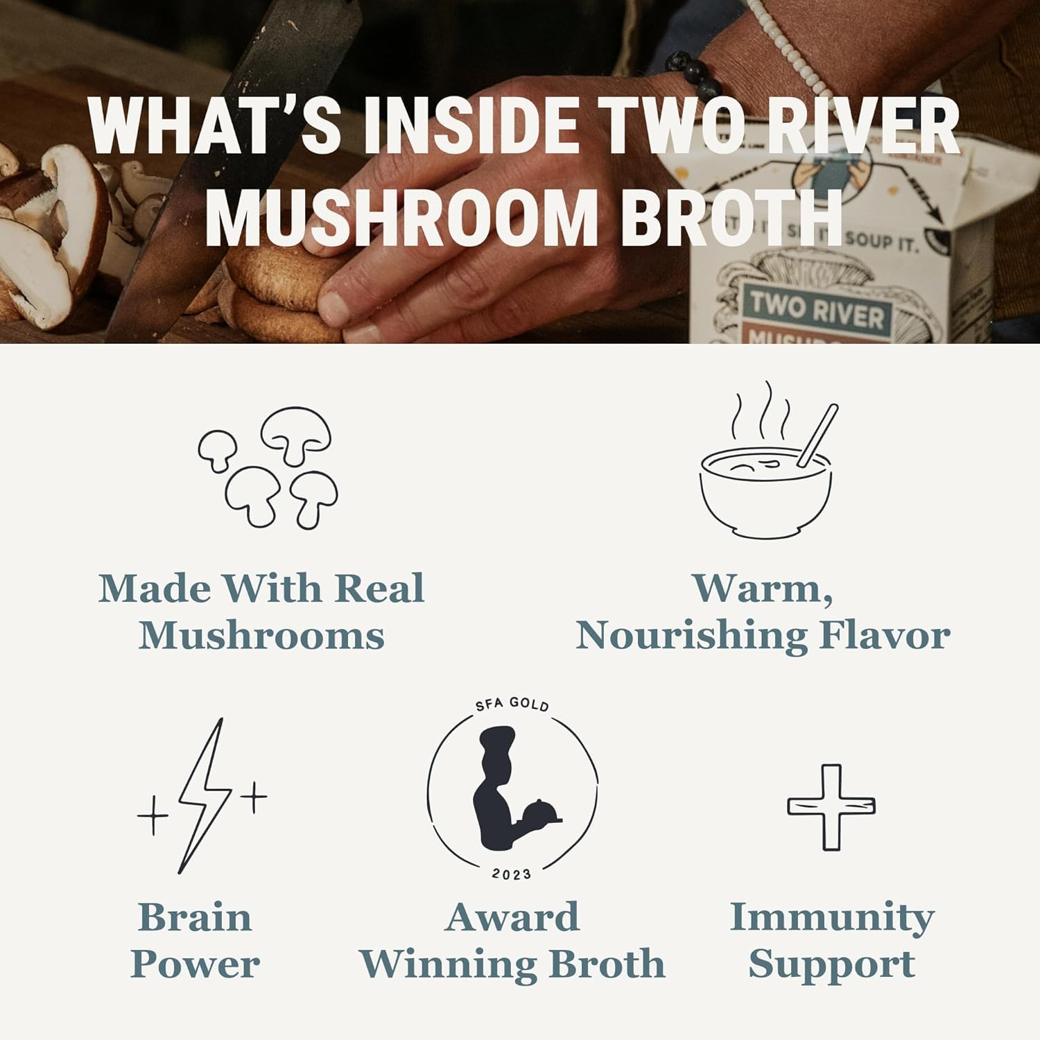 Organic mushrooms visible in bottle label of Two River broth.