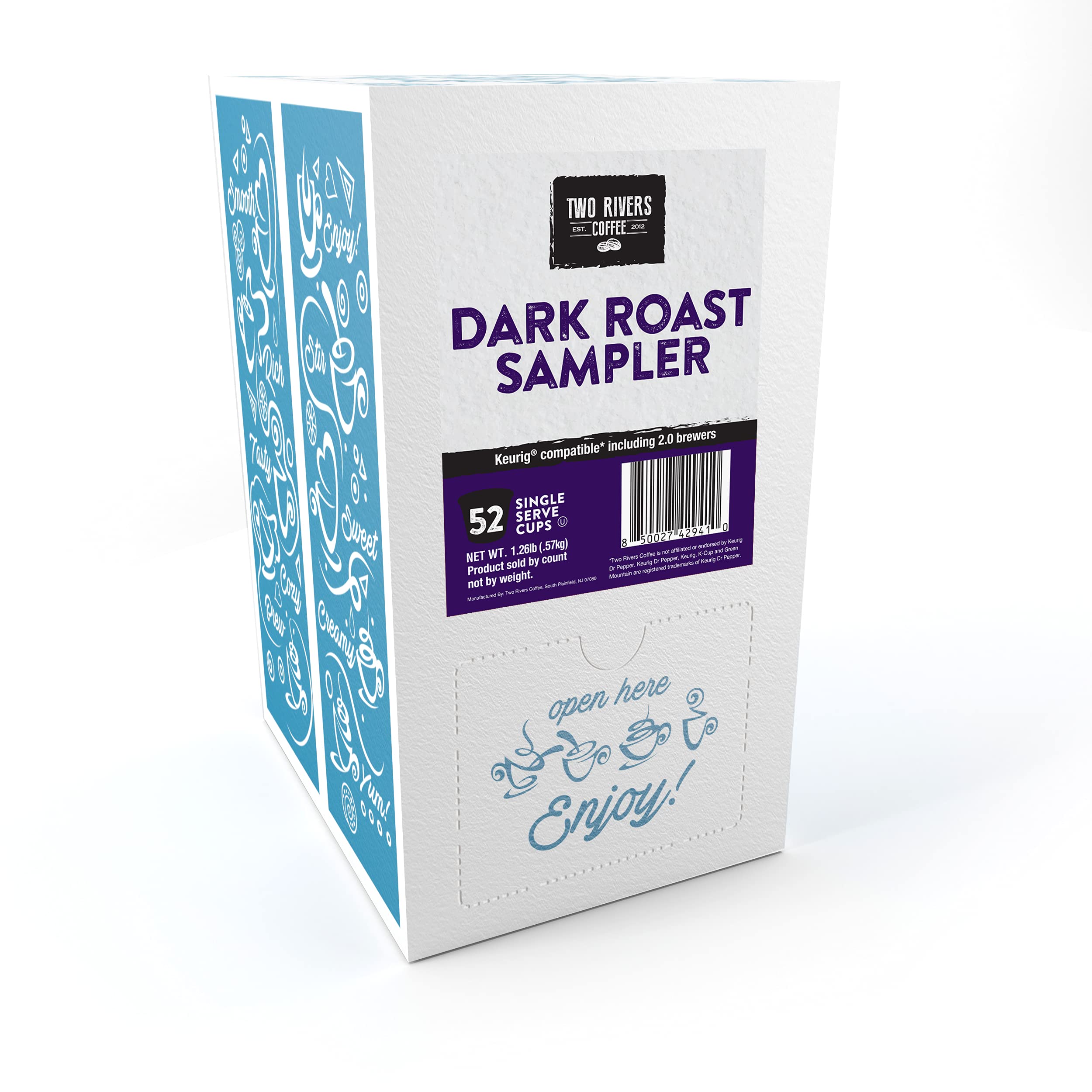 Two Rivers Coffee 52-count sampler shows a varied flavor lineup.