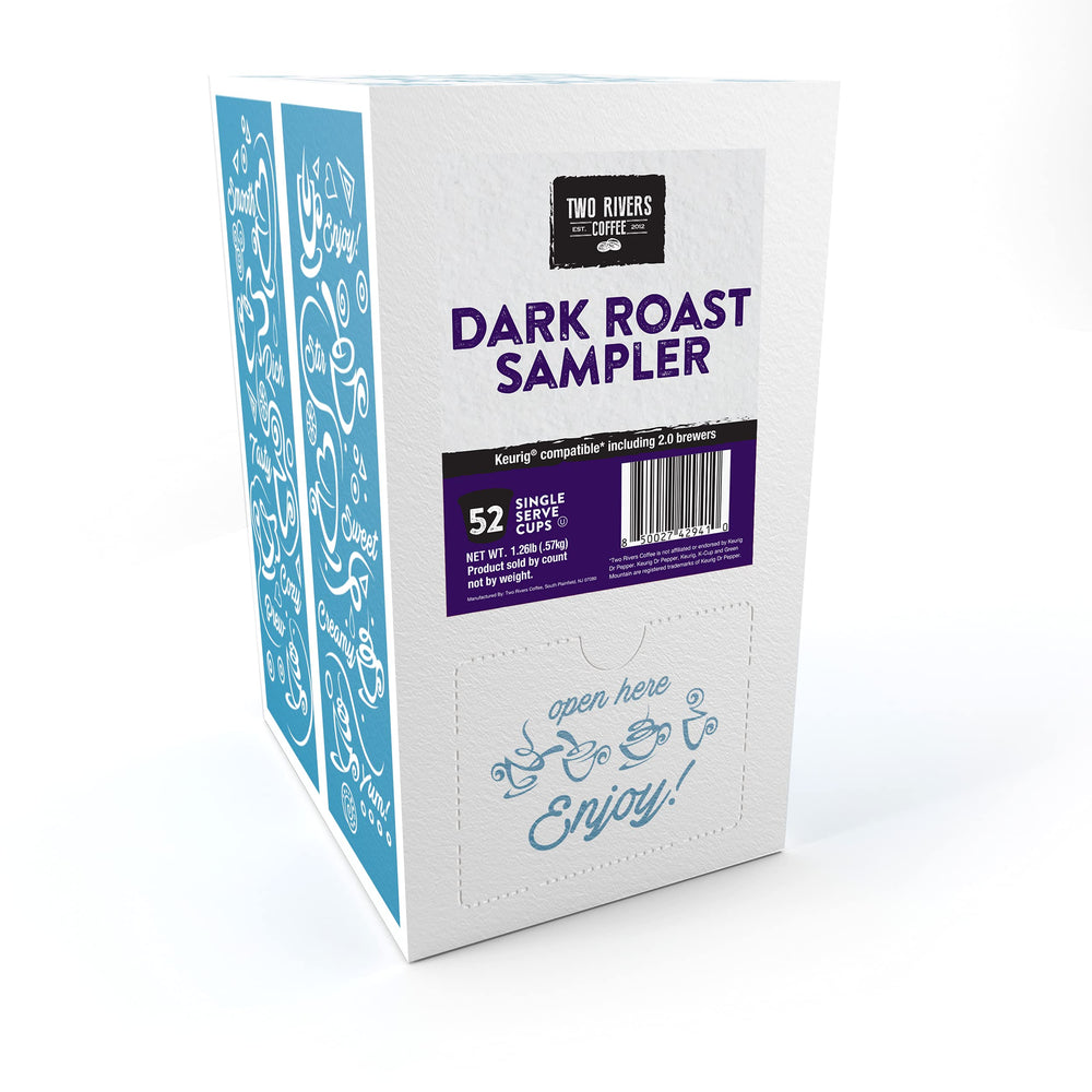 Two Rivers Coffee 52-count sampler shows a varied flavor lineup.