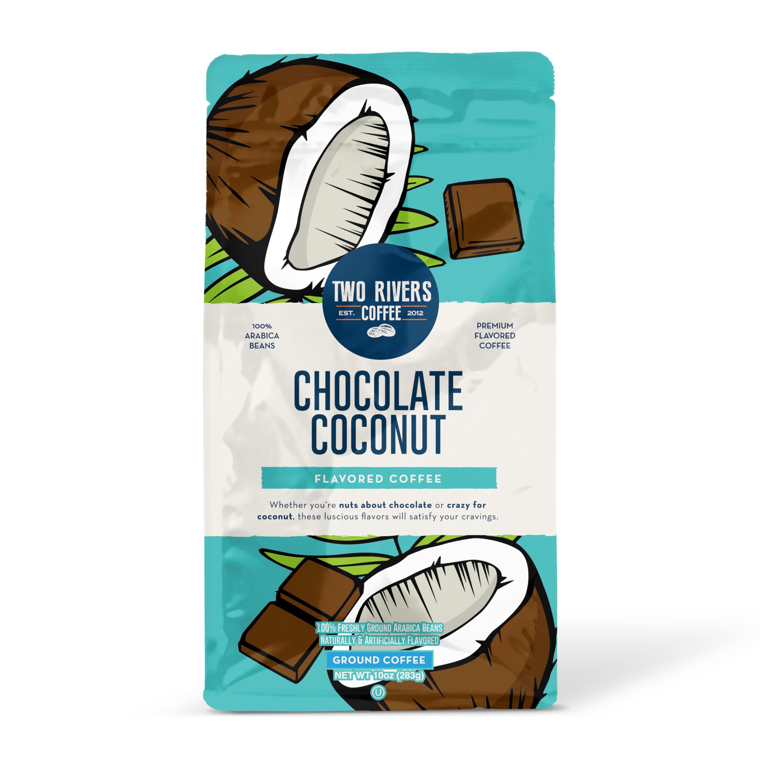 Two Rivers Coffee chocolate coconut ground coffee bag, premium Arabica blend for smooth brews.