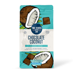 Two Rivers Coffee chocolate coconut ground coffee bag, premium Arabica blend for smooth brews.