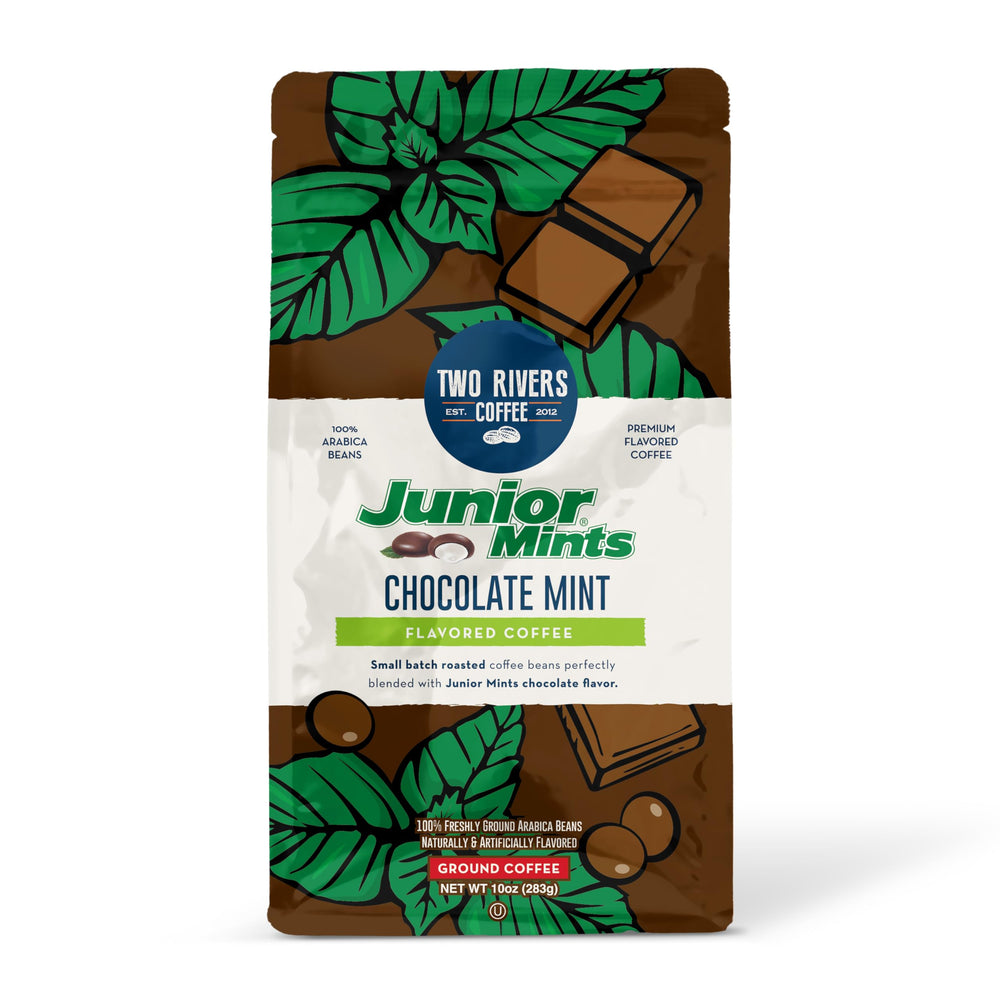 Two Rivers Coffee Junior Mint ground coffee packaging highlights aroma and a minty-chocolate flavor profile.