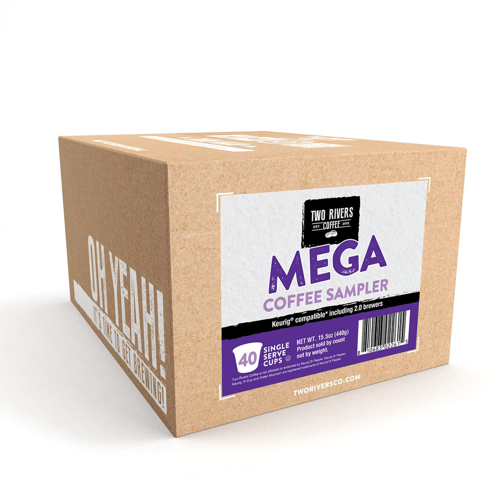Two Rivers Coffee Mega Coffee Lovers Pods variety image highlights bold, decaf, and flavored options.