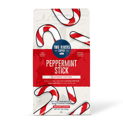 Two Rivers Coffee peppermint stick ground coffee bag with festive aroma for cozy mornings