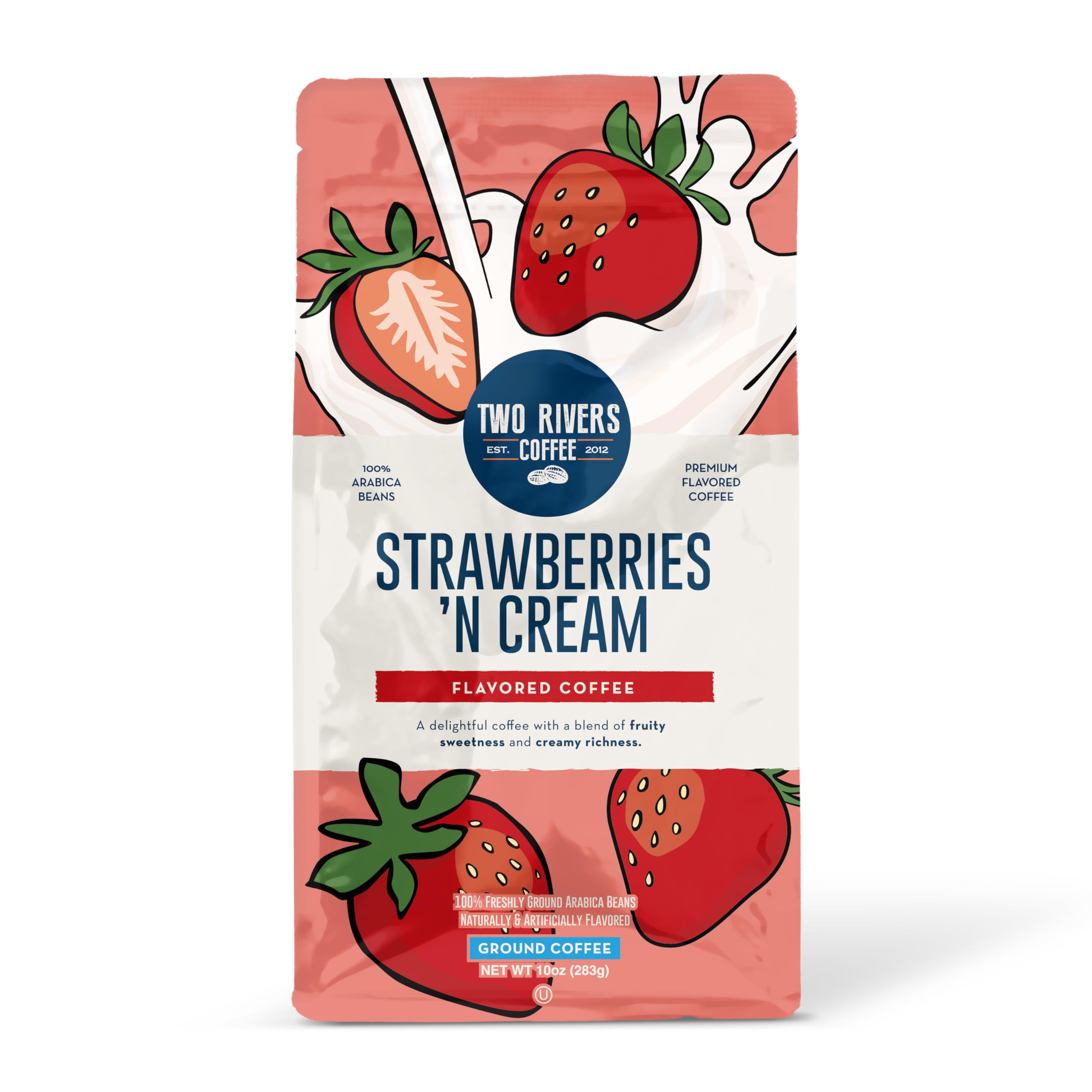 Two Rivers Coffee Strawberries N Cream ground coffee pour delivering a smooth, flavorful drip brew.