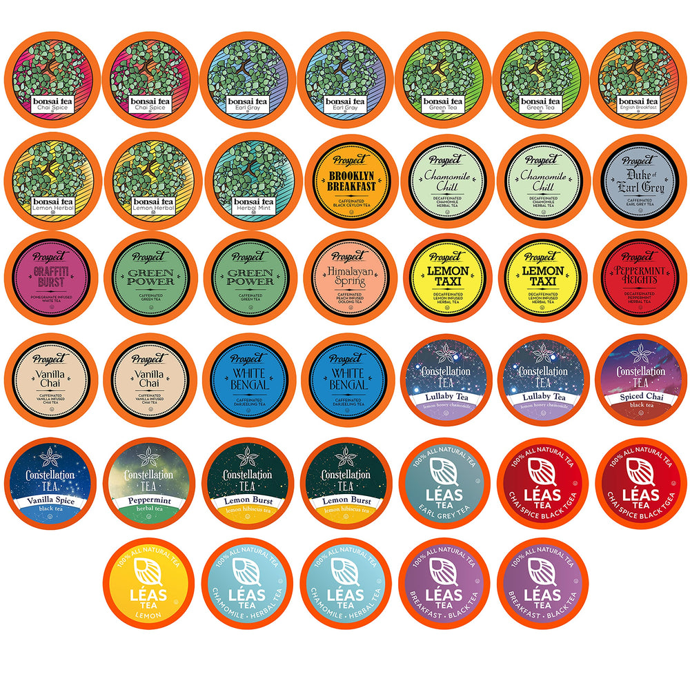 Two Rivers Coffee tea sampler box ready for Keurig brewing, offering convenient flavor variety.