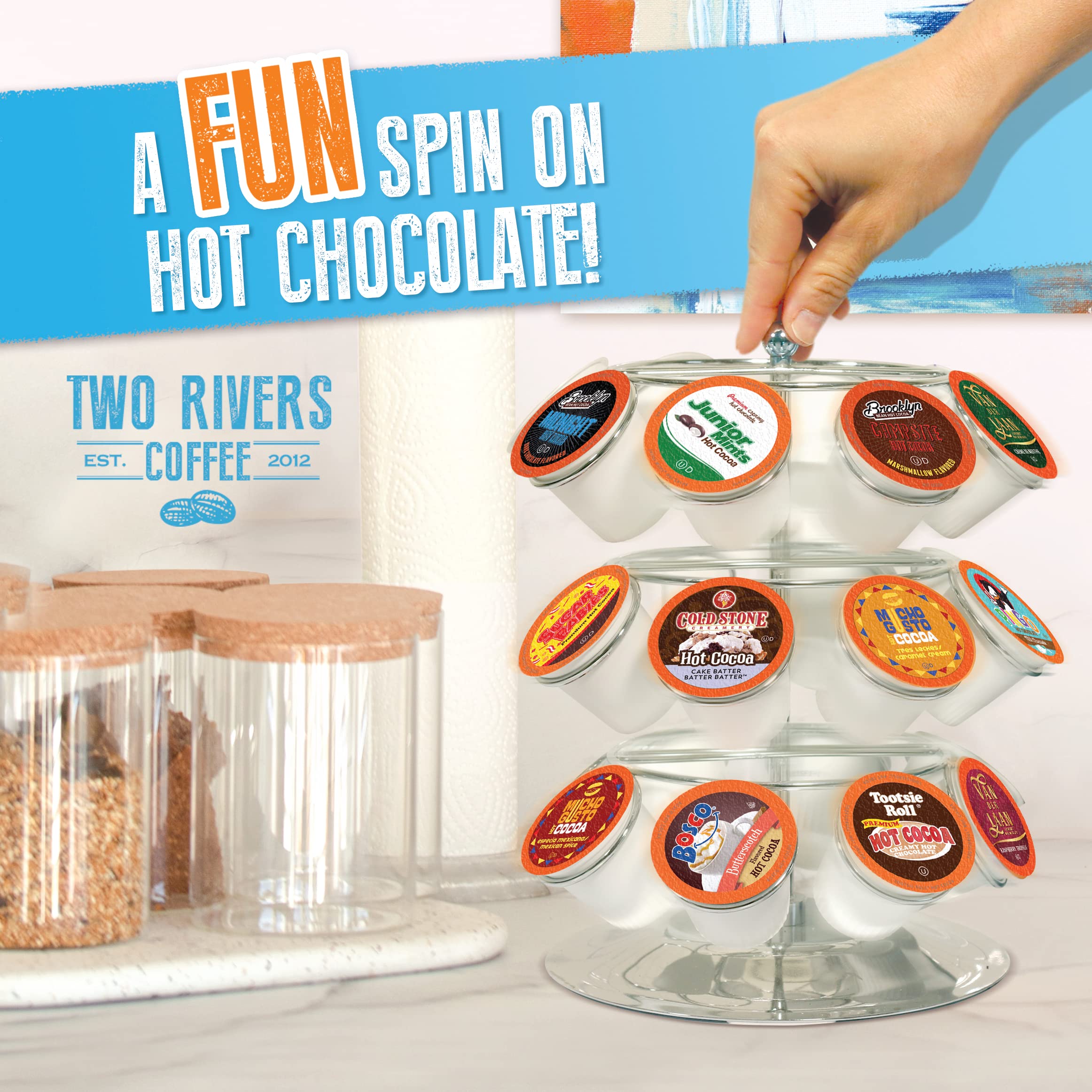 Two Rivers Mexican Spice hot chocolate pods for bold flavor.