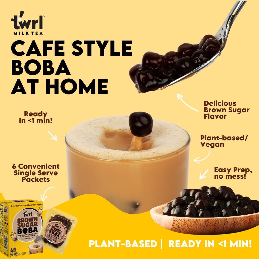 Twrl Brown Sugar Boba in a tea cup for a creamy chewy beverage.