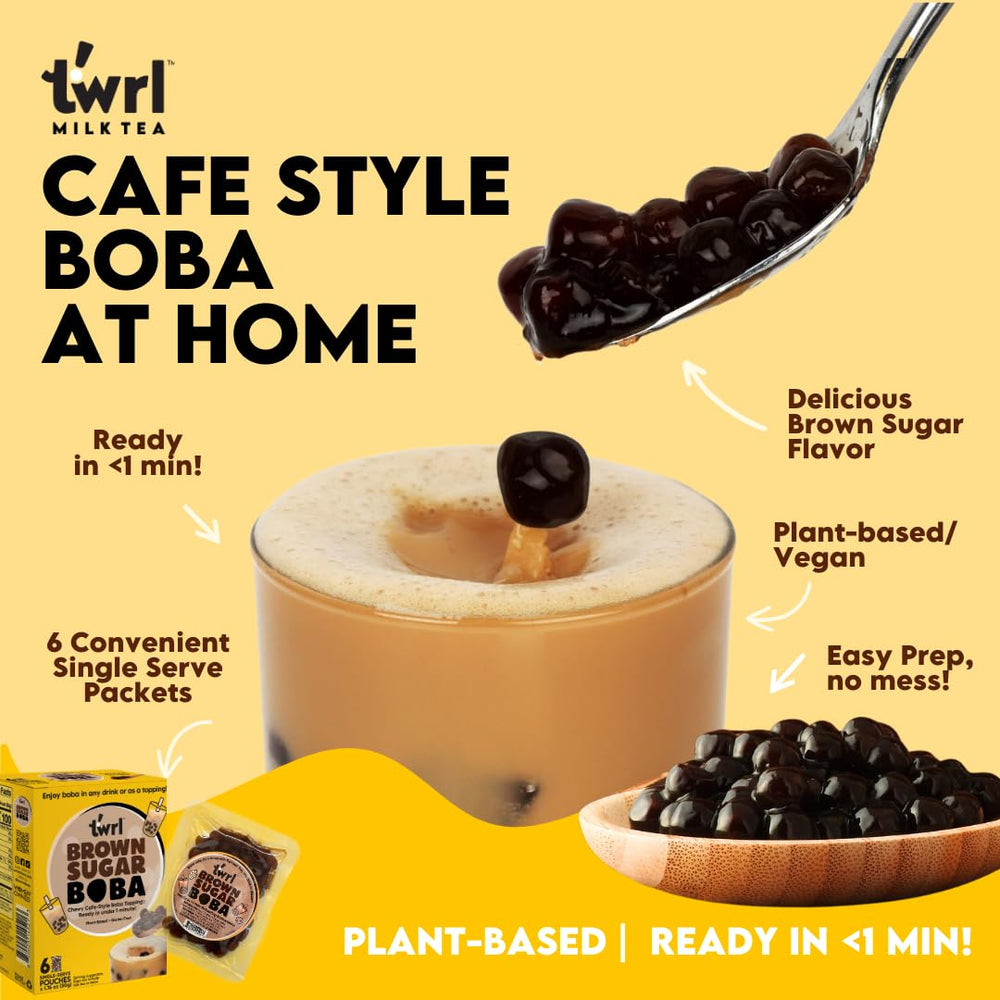 Twrl Brown Sugar Boba in a tea cup for a creamy chewy beverage.