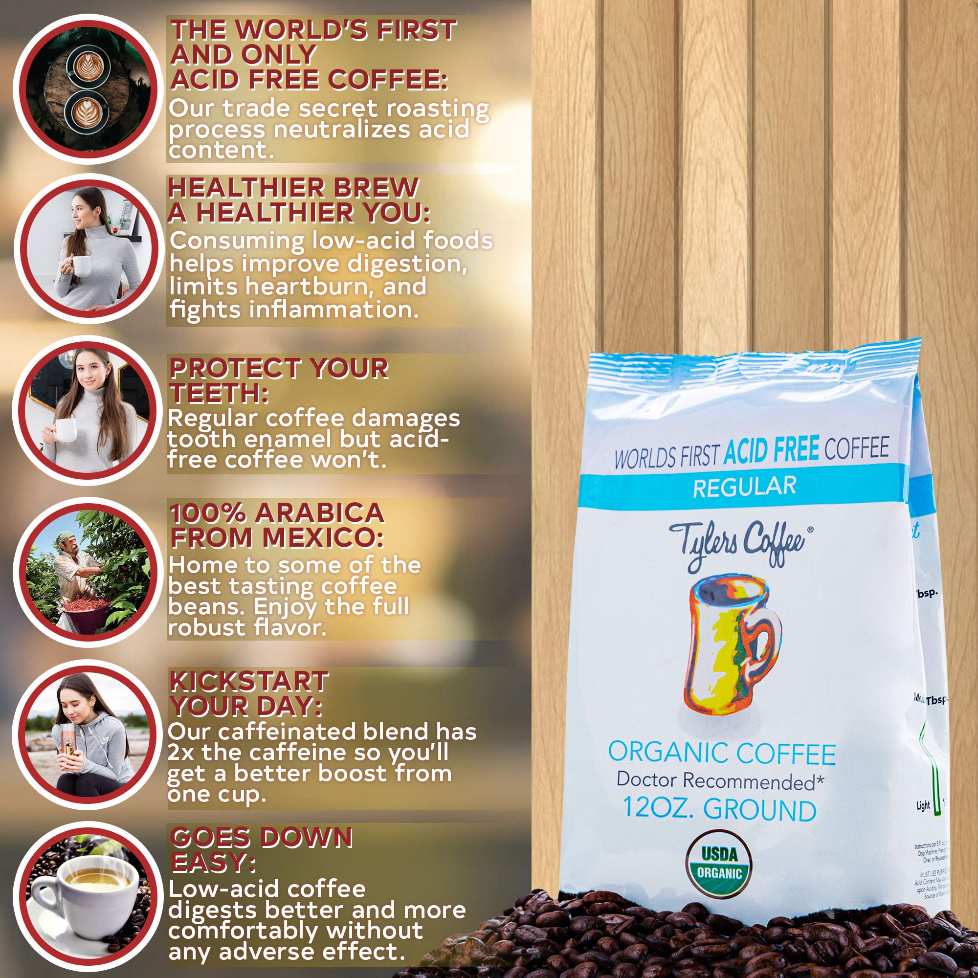 Tyler's Coffee 12 oz packaging on display for daily enjoyment