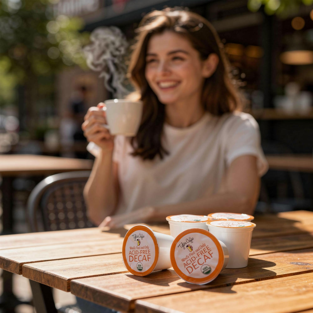Tyler's Coffee brewed decaf cup shows balanced flavor with subtle chocolate notes.