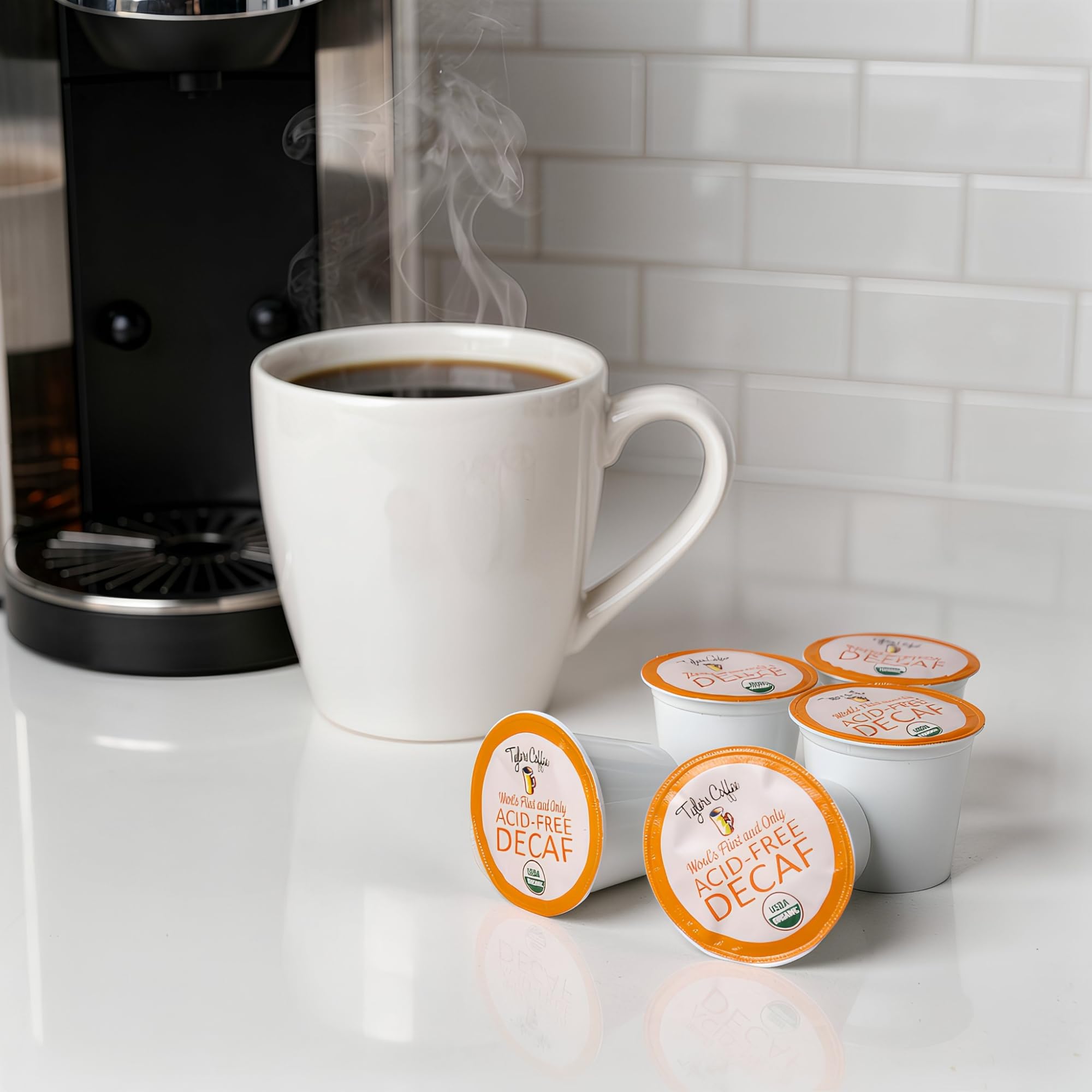 Tyler's Coffee decaffeinated aroma closeup reveals rich scent and smooth finish.