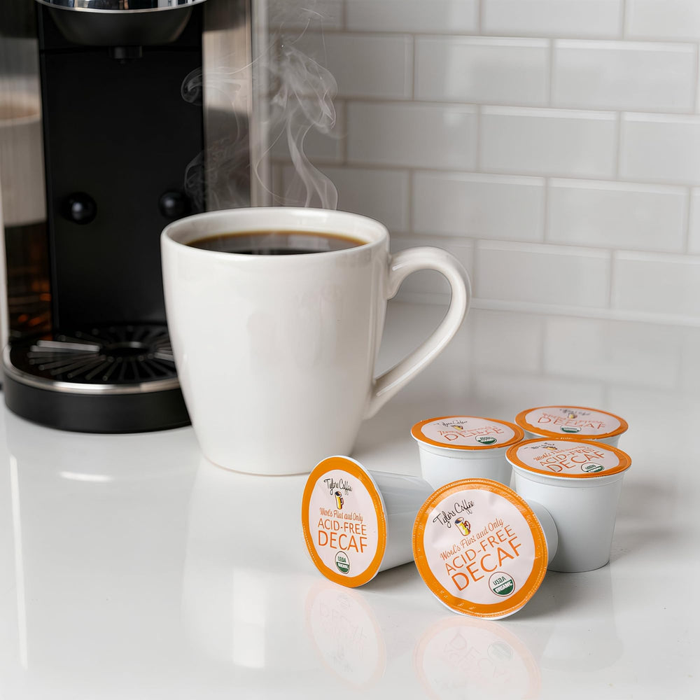 Tyler's Coffee decaffeinated aroma closeup reveals rich scent and smooth finish.