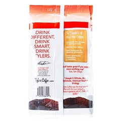 Tyler's decaf ground coffee close-up shows premium Arabica texture and aroma.
