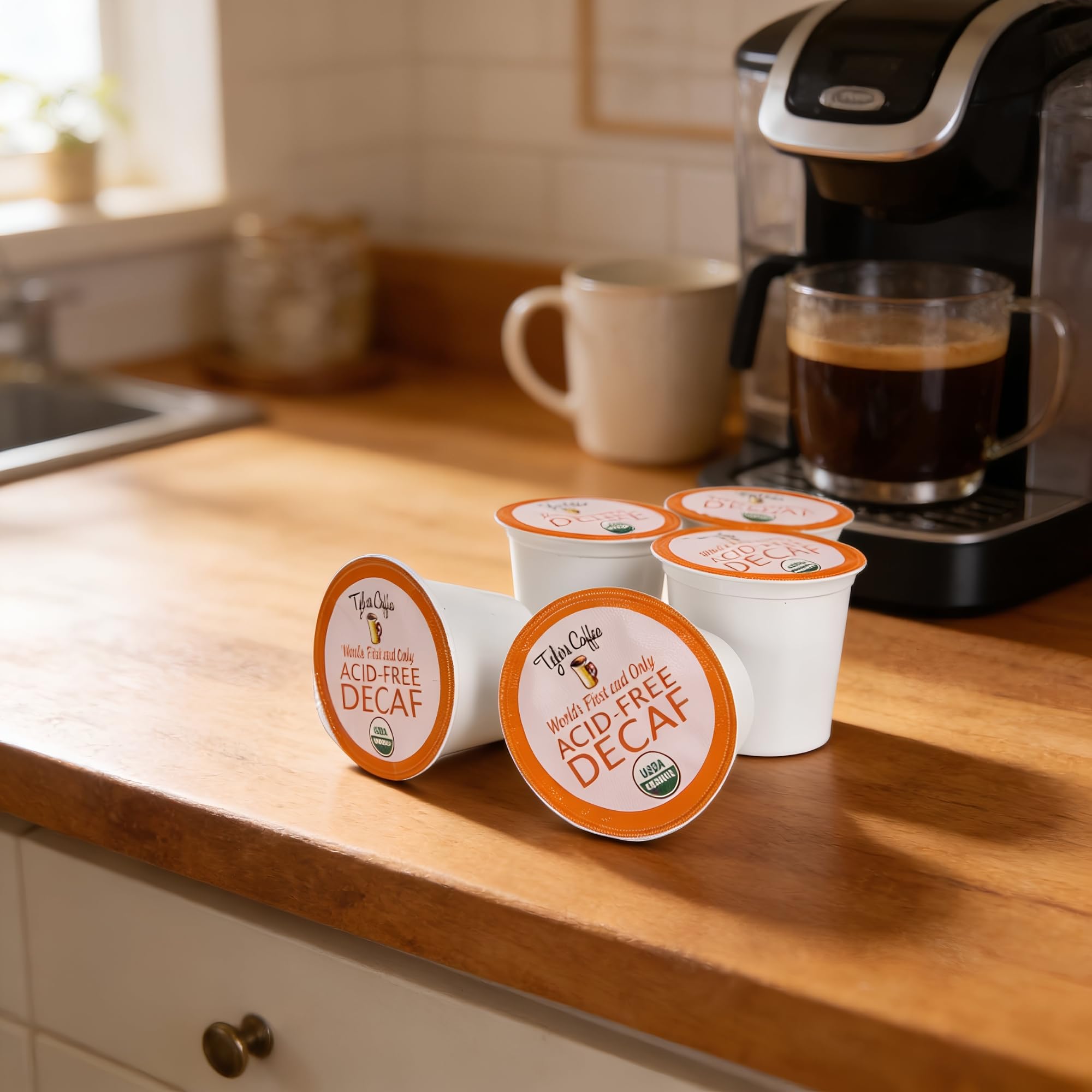 Tyler's Coffee K-Cup pour demonstrates quick, mess-free decaf brewing at home.