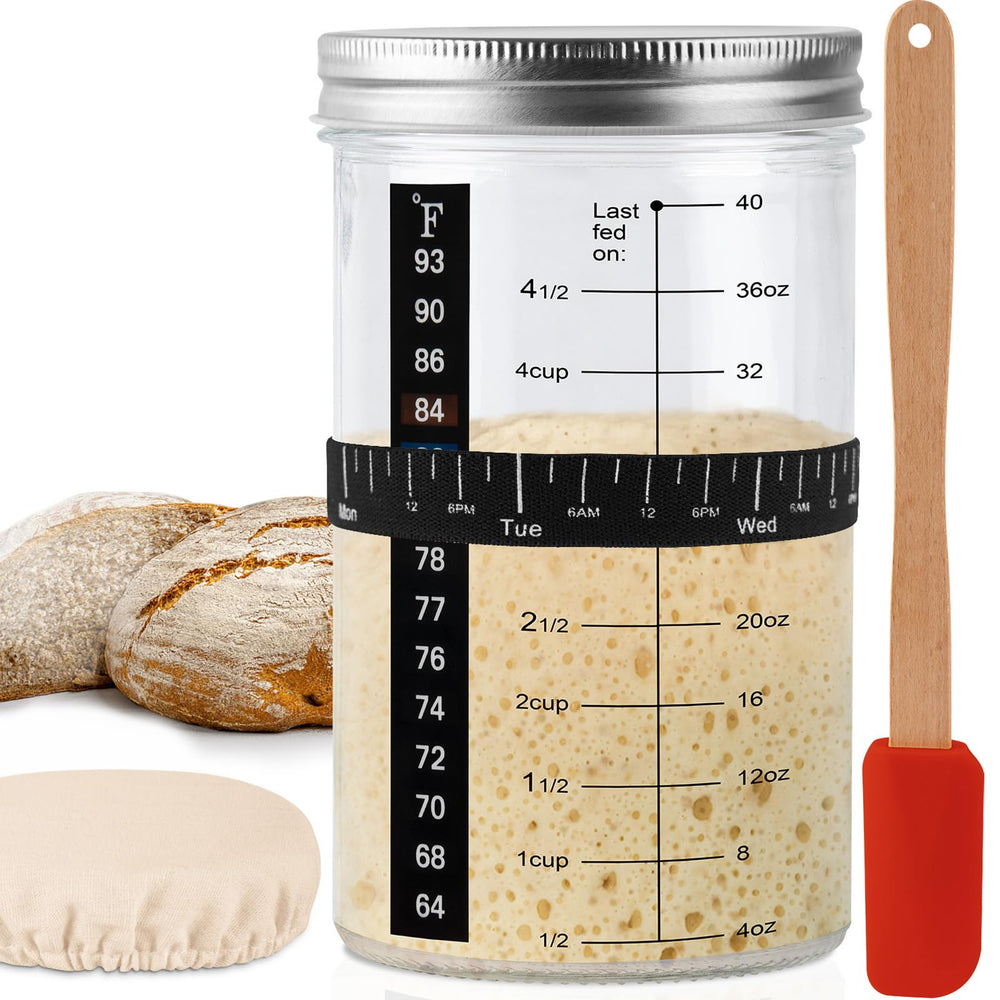 Tyniaide 40oz wide-mouth sourdough starter jar for easy feeding and cleaning.