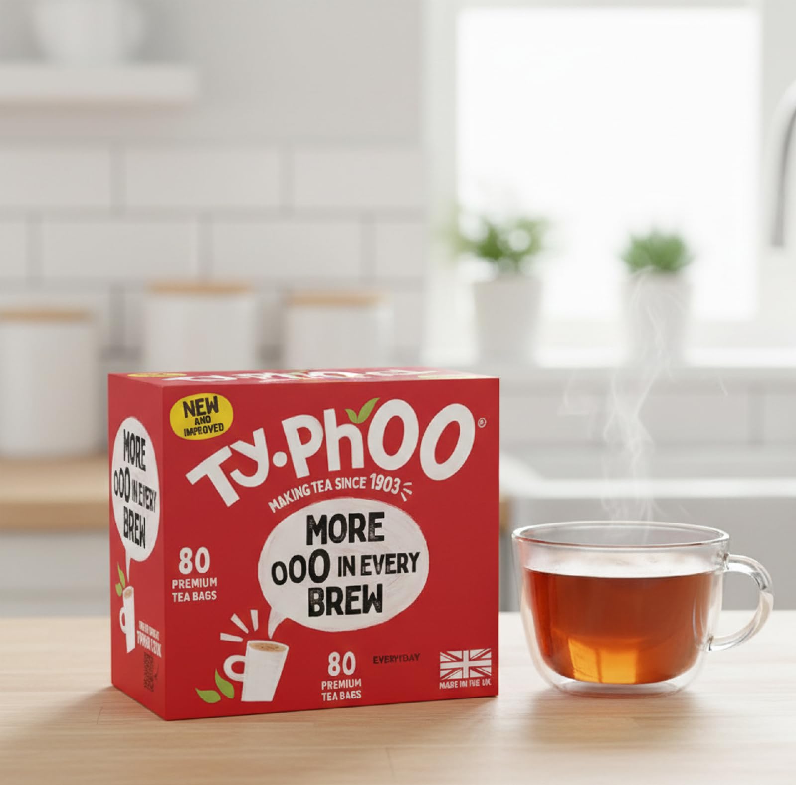 Typhoo Everyday 80 tea bags orange pekoe leaf close-up signals leaf size