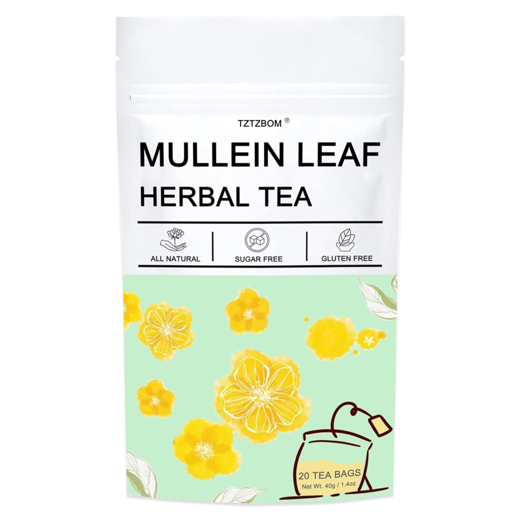 TZTZBOM Organic Mullein Leaf Tea bags ready for a pure, additive-free brew.