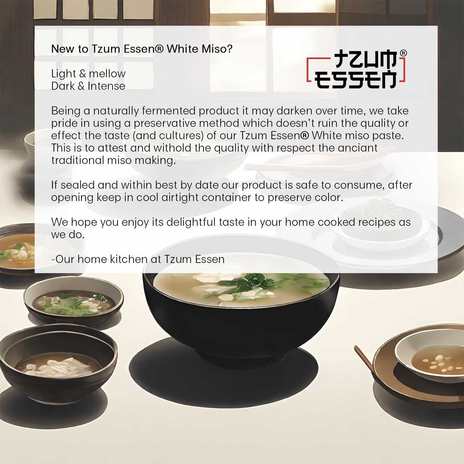 Tzum Essen miso jar on kitchen shelf for everyday home cooking