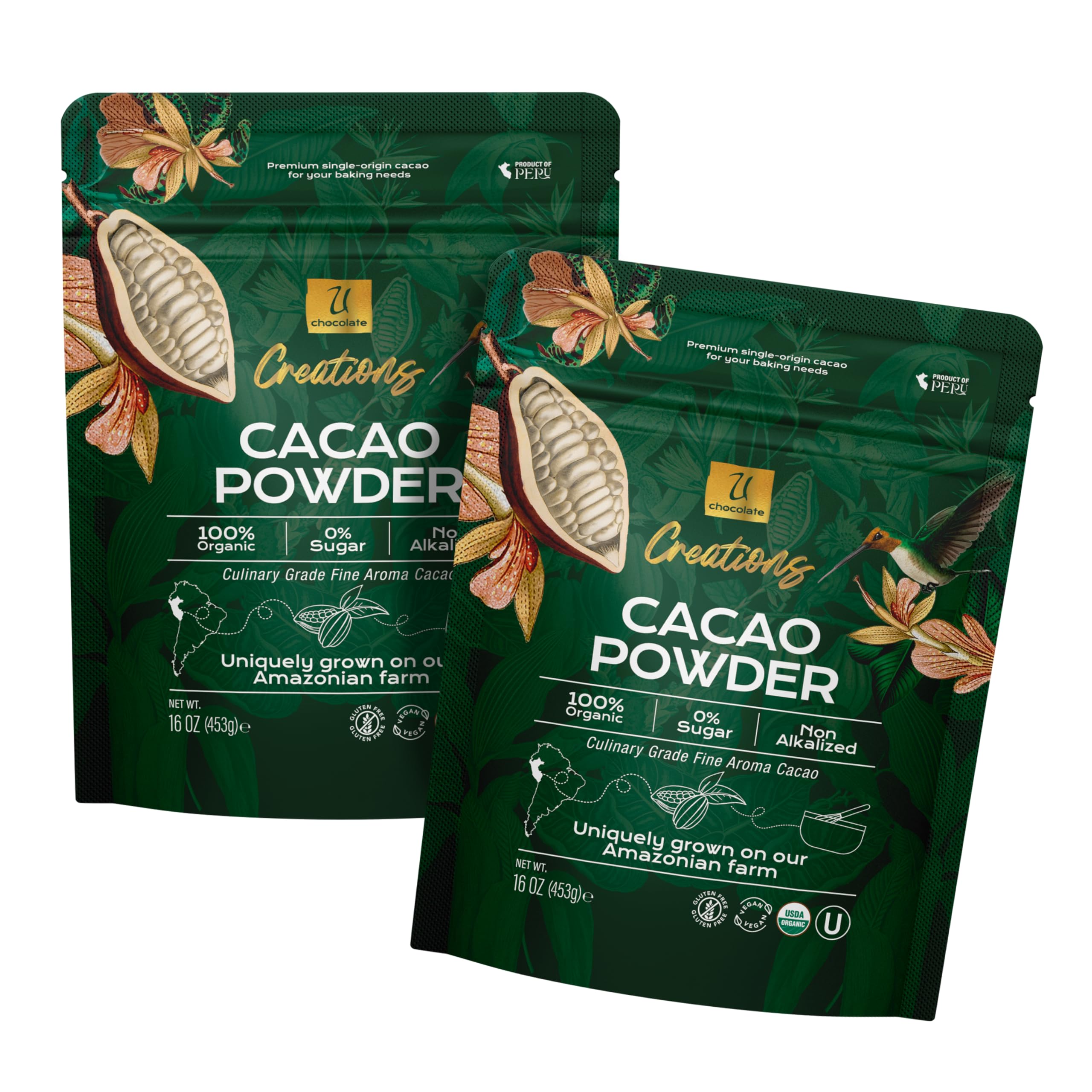 U Chocolate Creations cacao powder packaging highlights organic purity for baking.