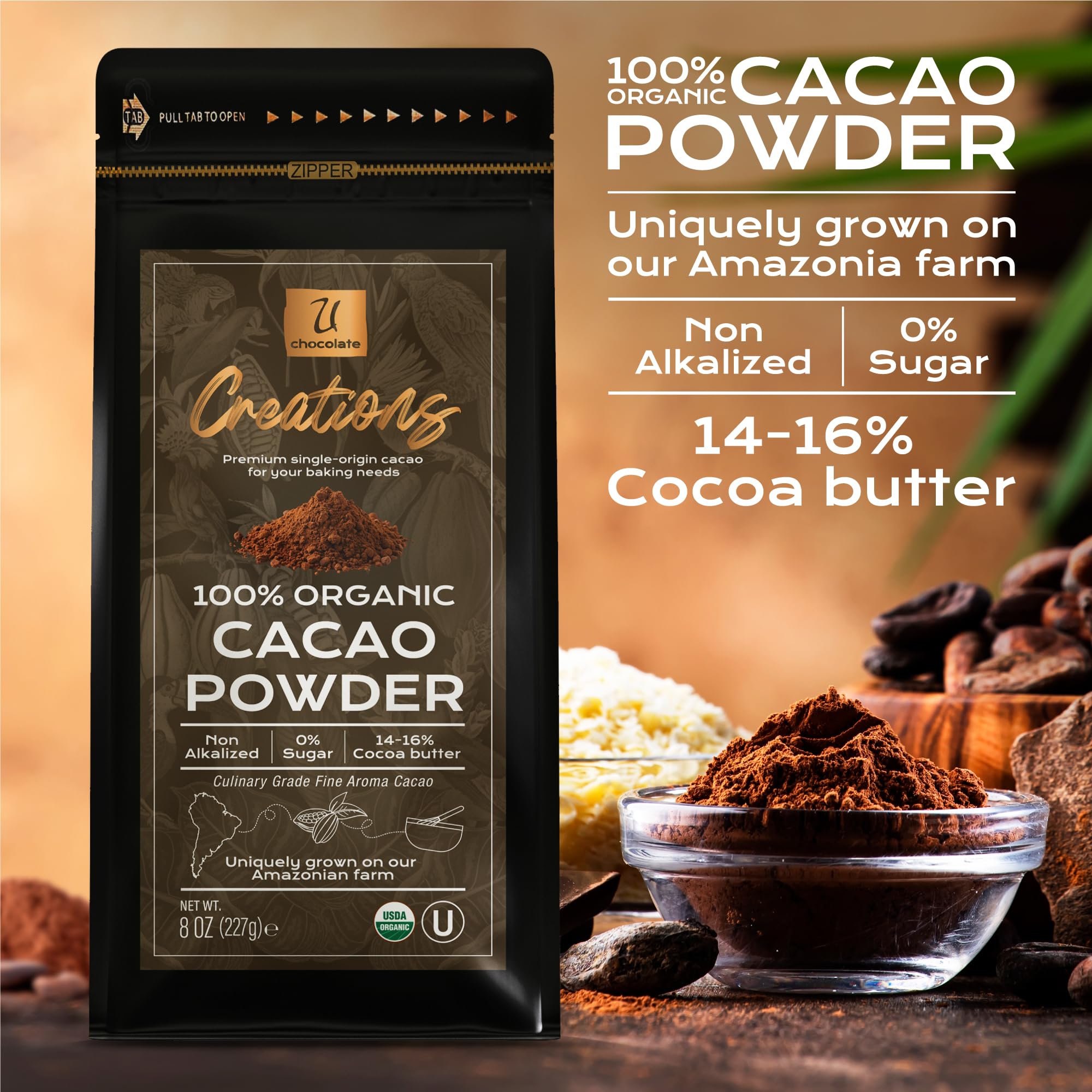 U Chocolate Creations cacao powder ingredient label shows organic origin.