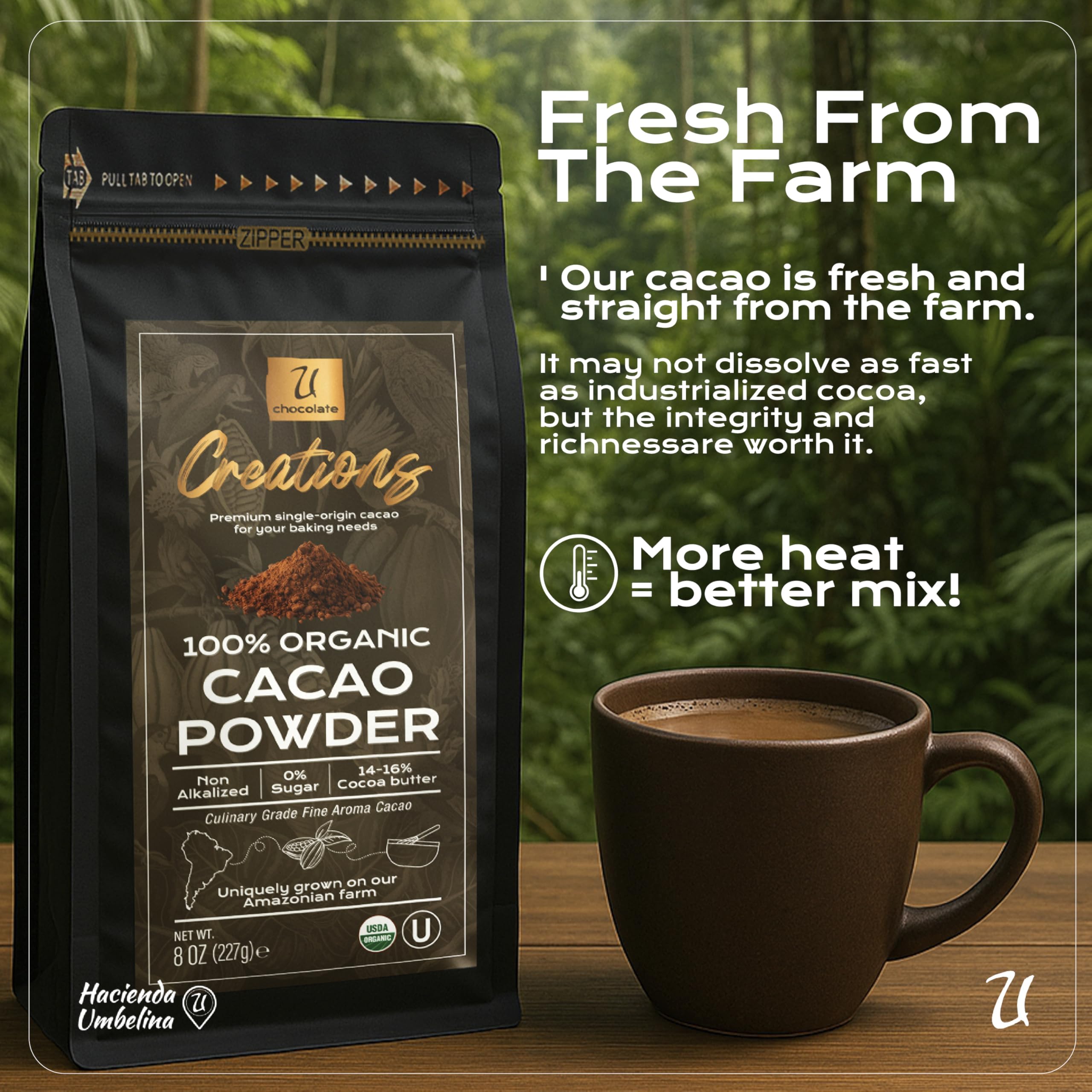 U Chocolate Creations cacao powder with measuring scoop ready for recipes.