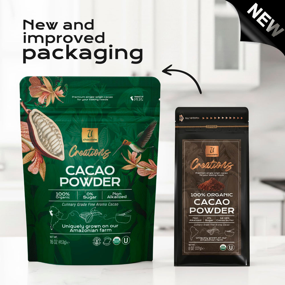 U Chocolate Creations cacao powder texture close-up ideal for smooth batters.