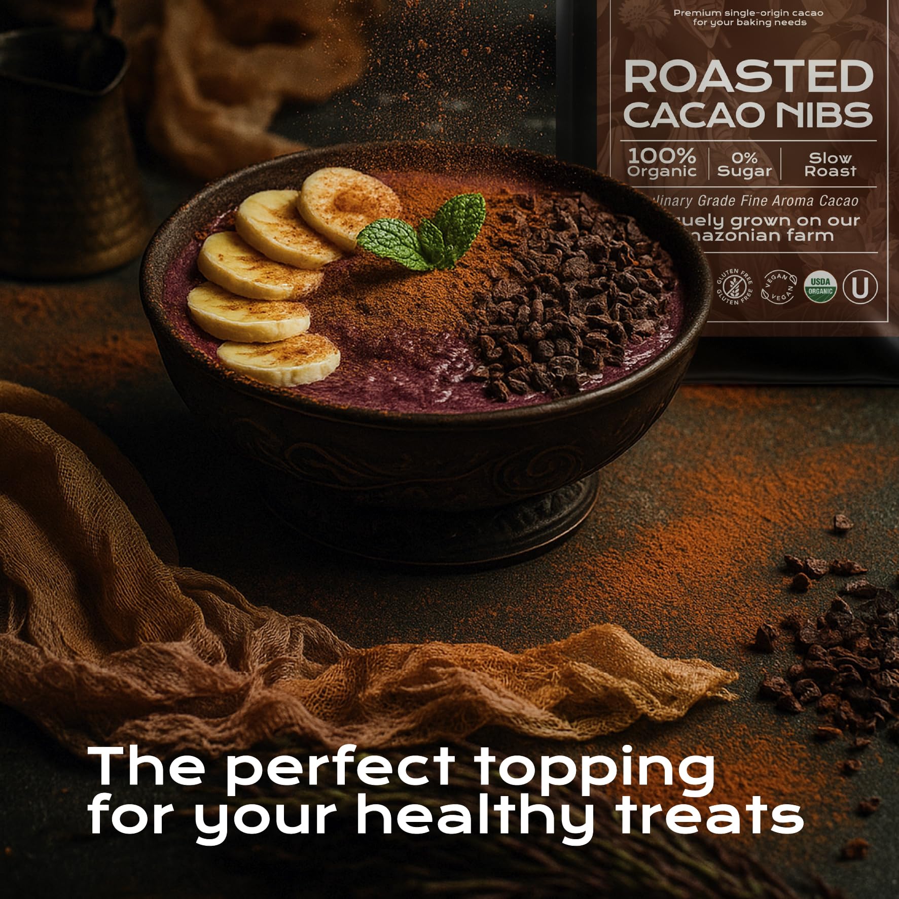 Eco-friendly farm practices imagery accompanying U Chocolate cacao nibs origin.