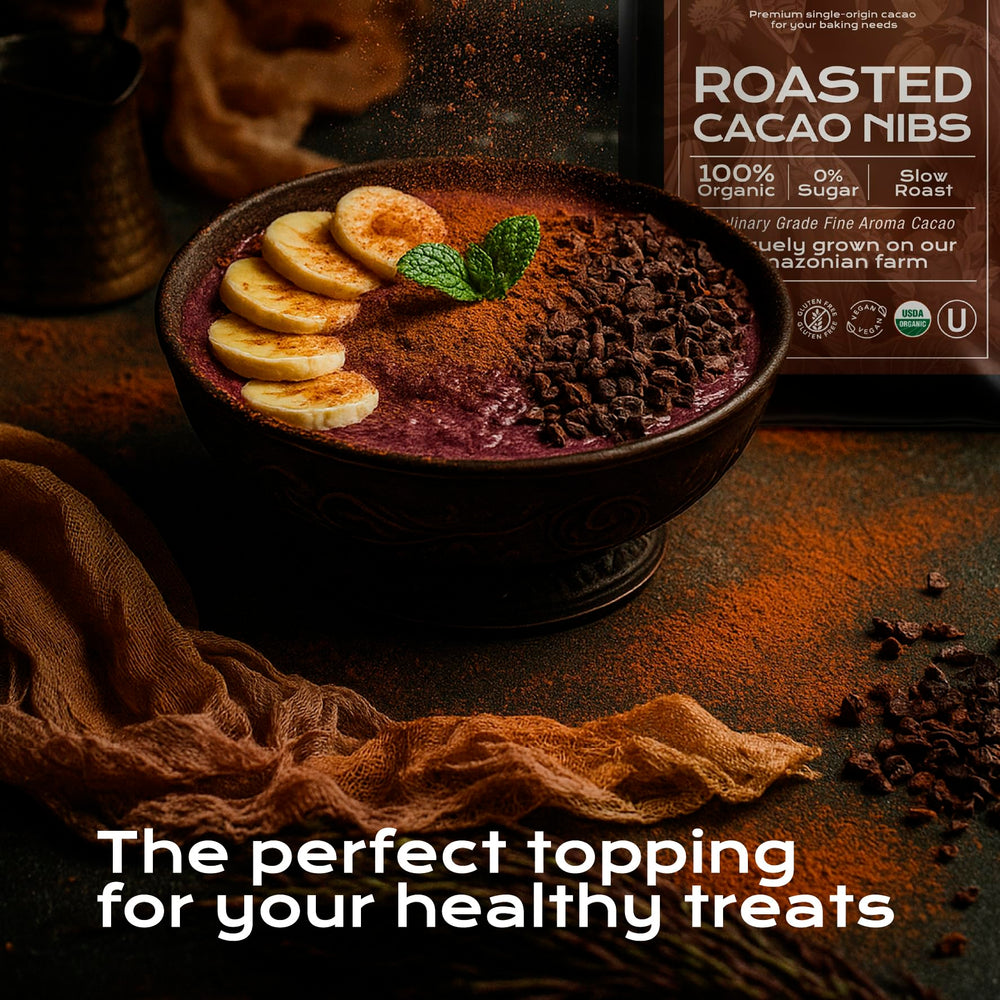 Eco-friendly farm practices imagery accompanying U Chocolate cacao nibs origin.