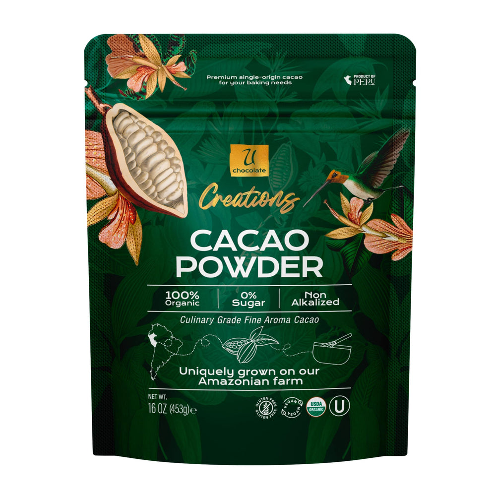 U Chocolate Organic Cacao Powder bag front, fresh from the Peruvian Amazon.