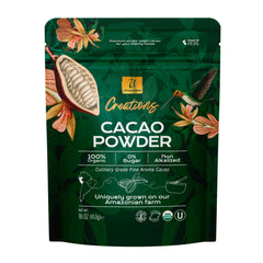 U Chocolate Organic Cacao Powder bag front, fresh from the Peruvian Amazon.