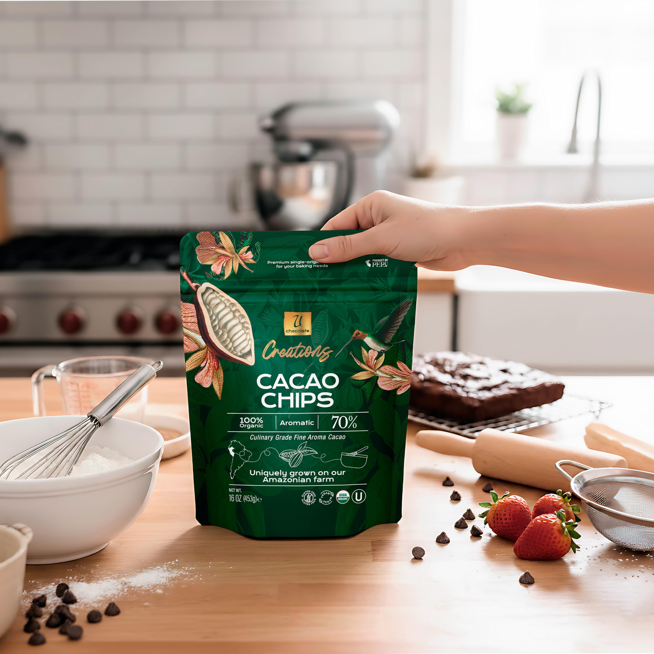 U Organic 70% chips melting in a bowl for brownies and cookies.