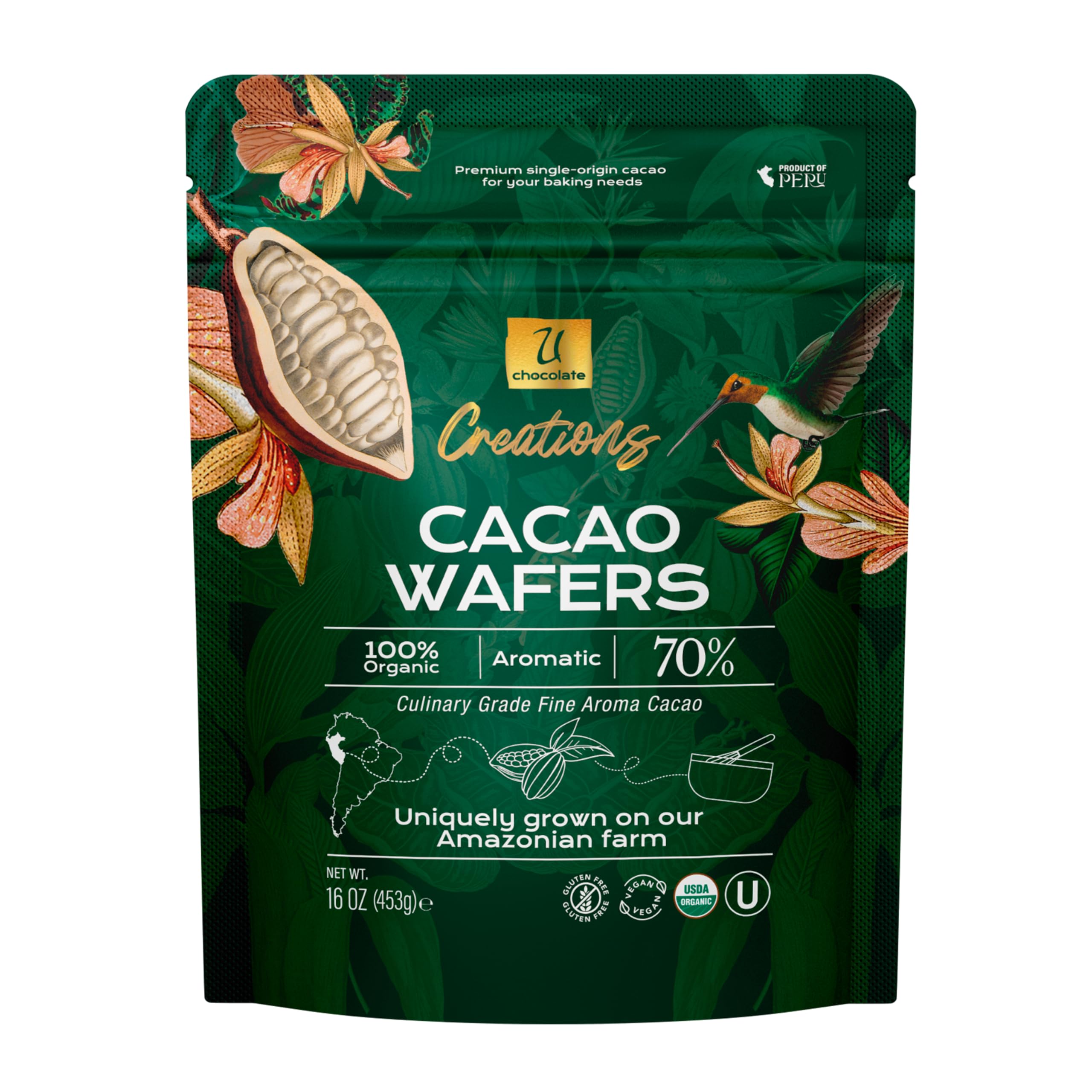 U Organic Dark Chocolate Melting Wafers in packaging, ideal for assured quality and easy storage.