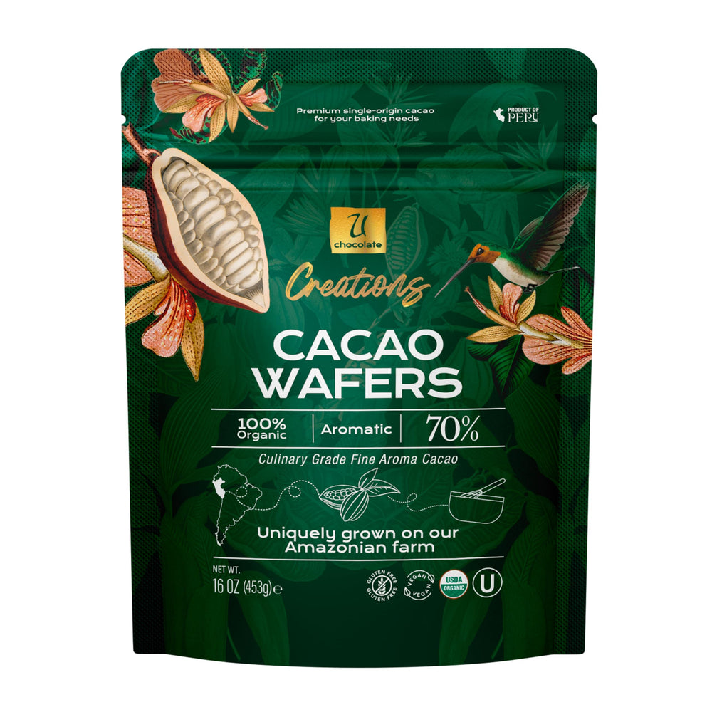 U Organic Dark Chocolate Melting Wafers in packaging, ideal for assured quality and easy storage.