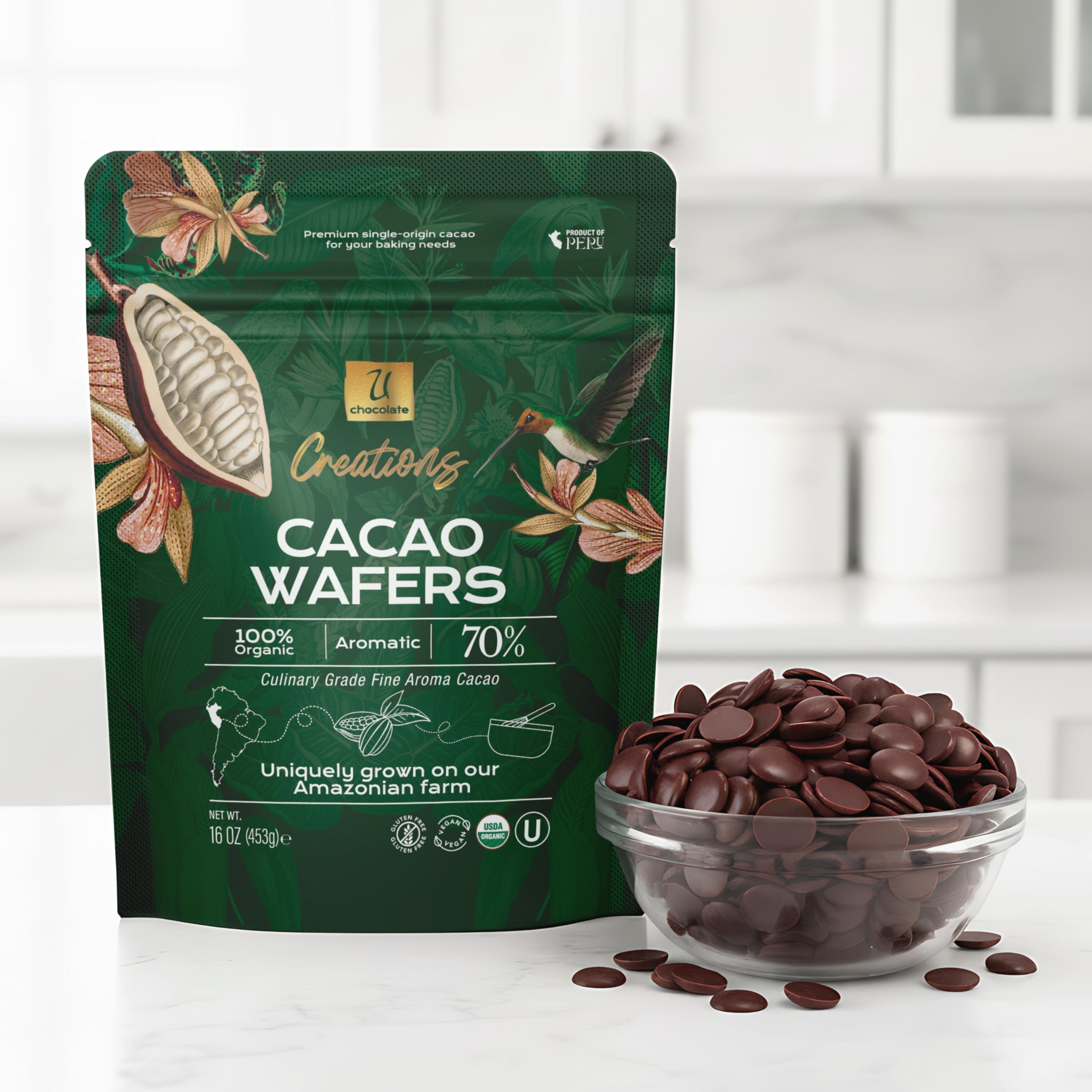 U Organic Dark Chocolate Melting Wafers pour promotes smooth melt.