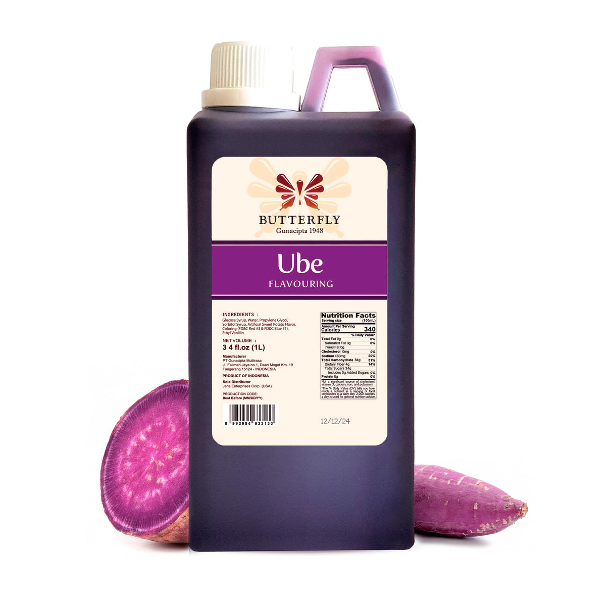 Ube Butterfly flavoring bottle 1 L showcases vibrant color for baking.