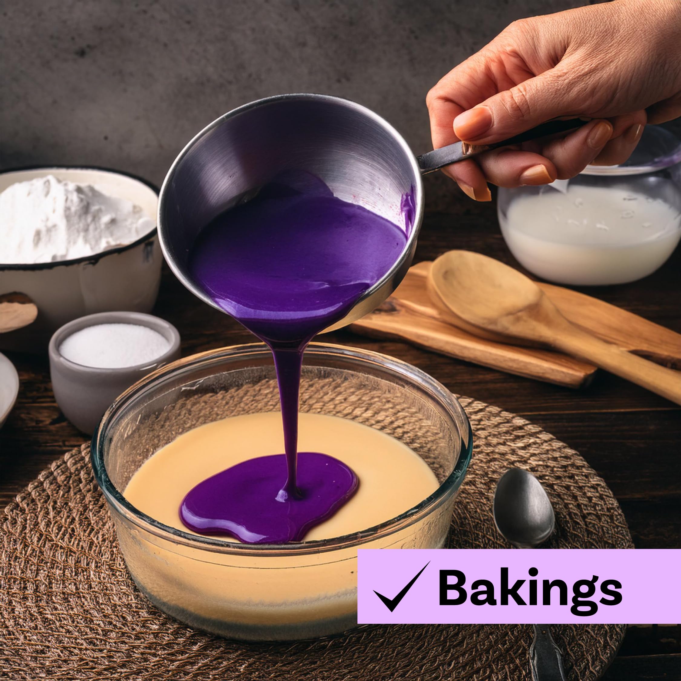Ube Butterfly flavoring added to bread and beverages for vivid taste.
