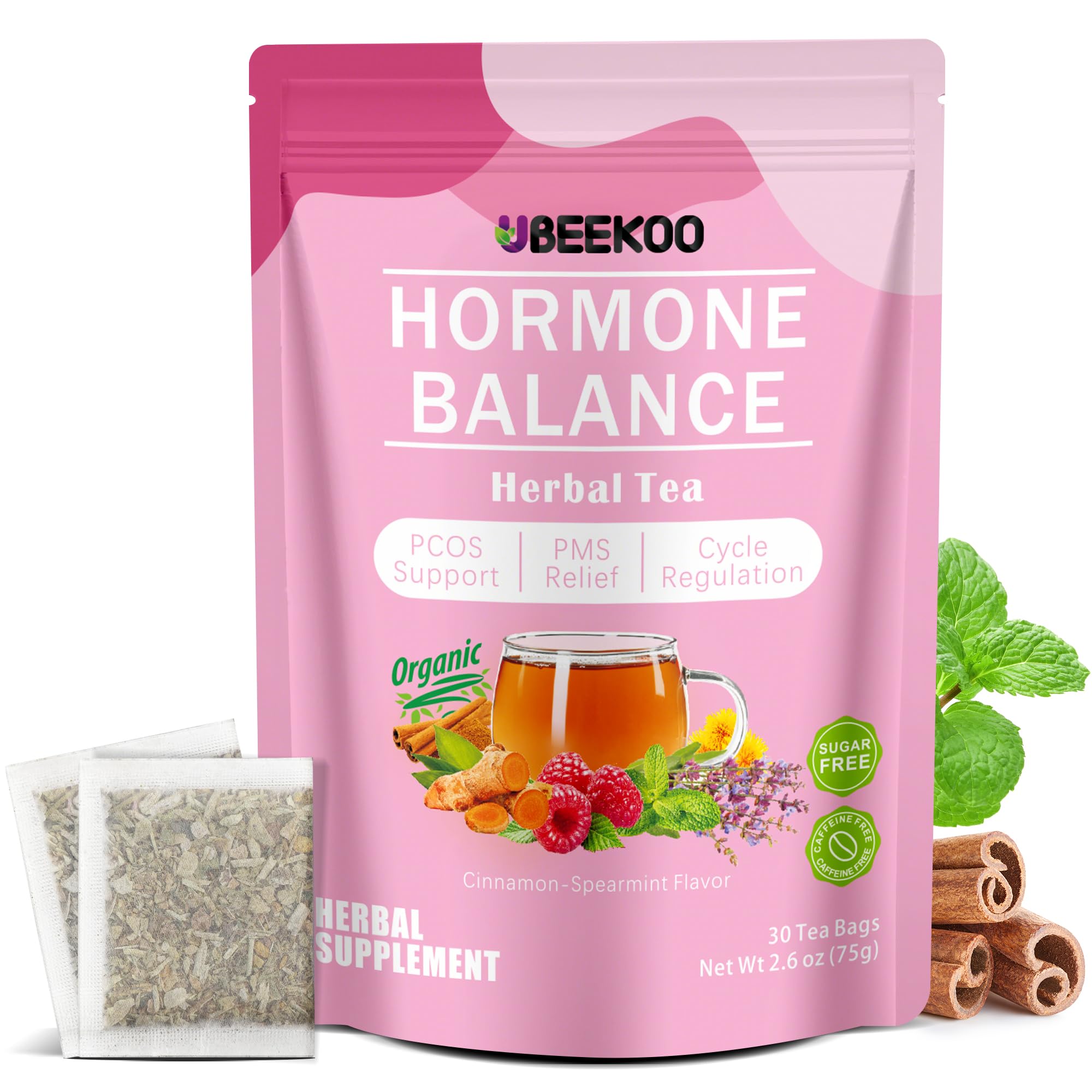 UBEEKOO Hormone Balance Tea box front showing organic, caffeine-free blend for daily cycle support