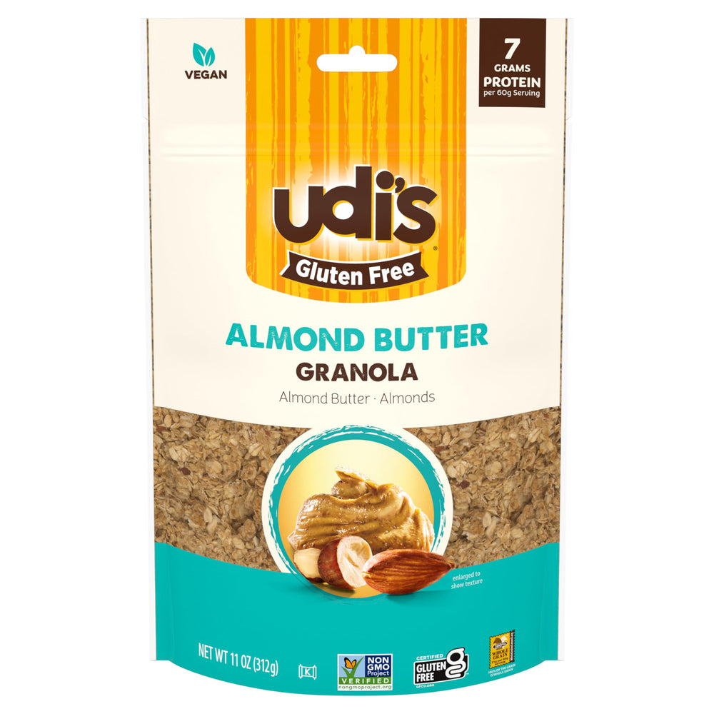 Udi's gluten-free almond butter granola bag front for a quick gluten-free breakfast