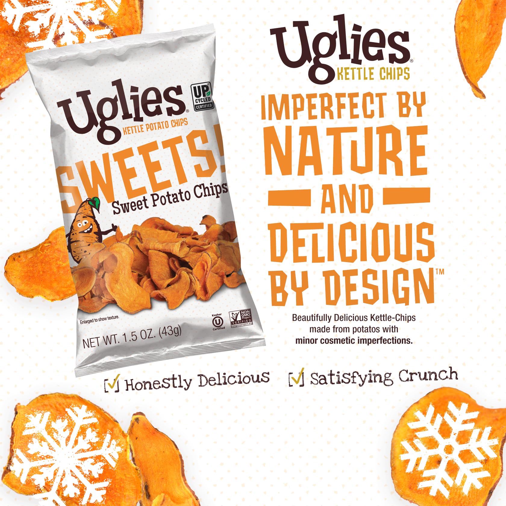 UGLIES Kettle-Cooked chips on an office desk for gluten-free, kosher-friendly snacking.