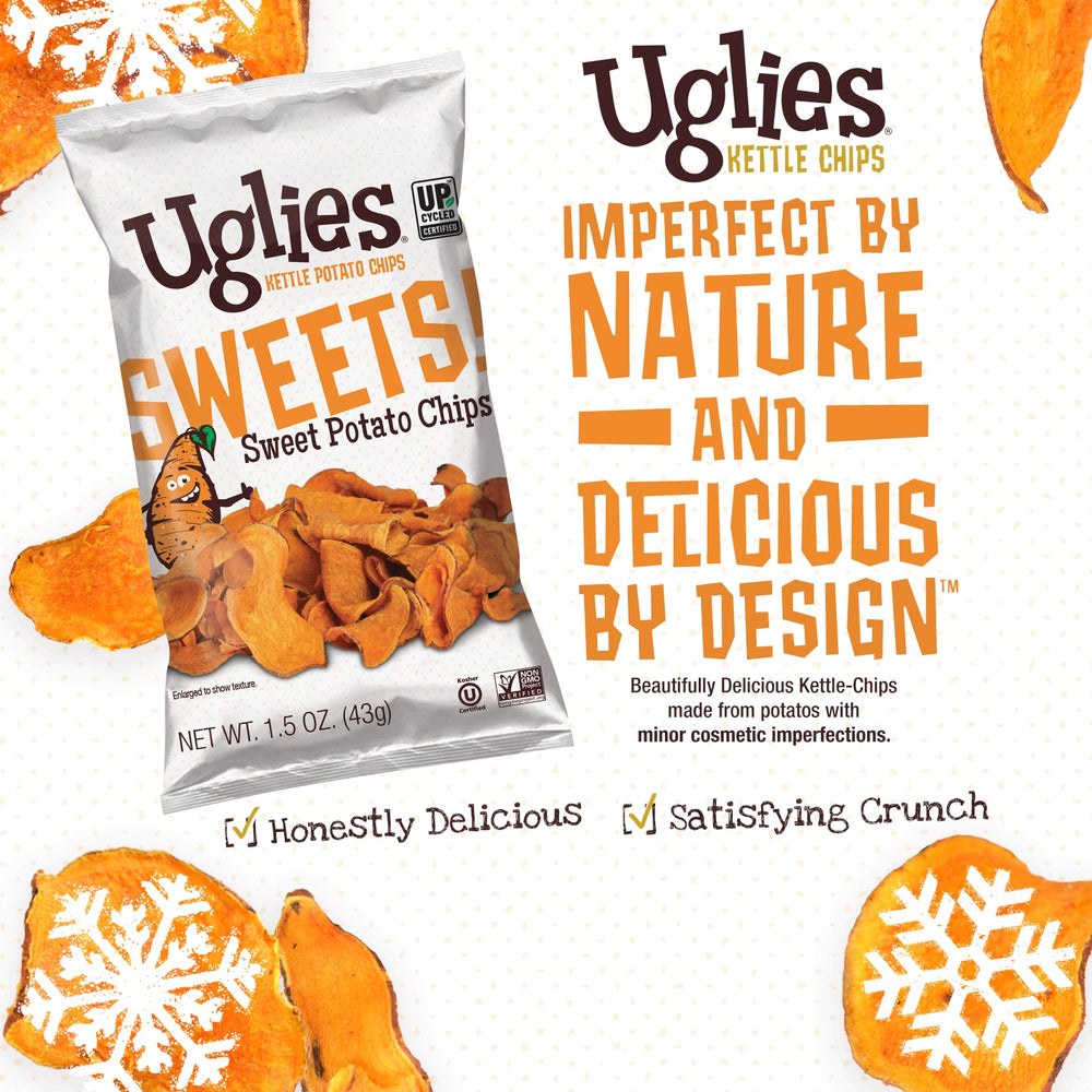 UGLIES Kettle-Cooked chips on an office desk for gluten-free, kosher-friendly snacking.