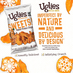 UGLIES Kettle-Cooked chips on an office desk for gluten-free, kosher-friendly snacking.