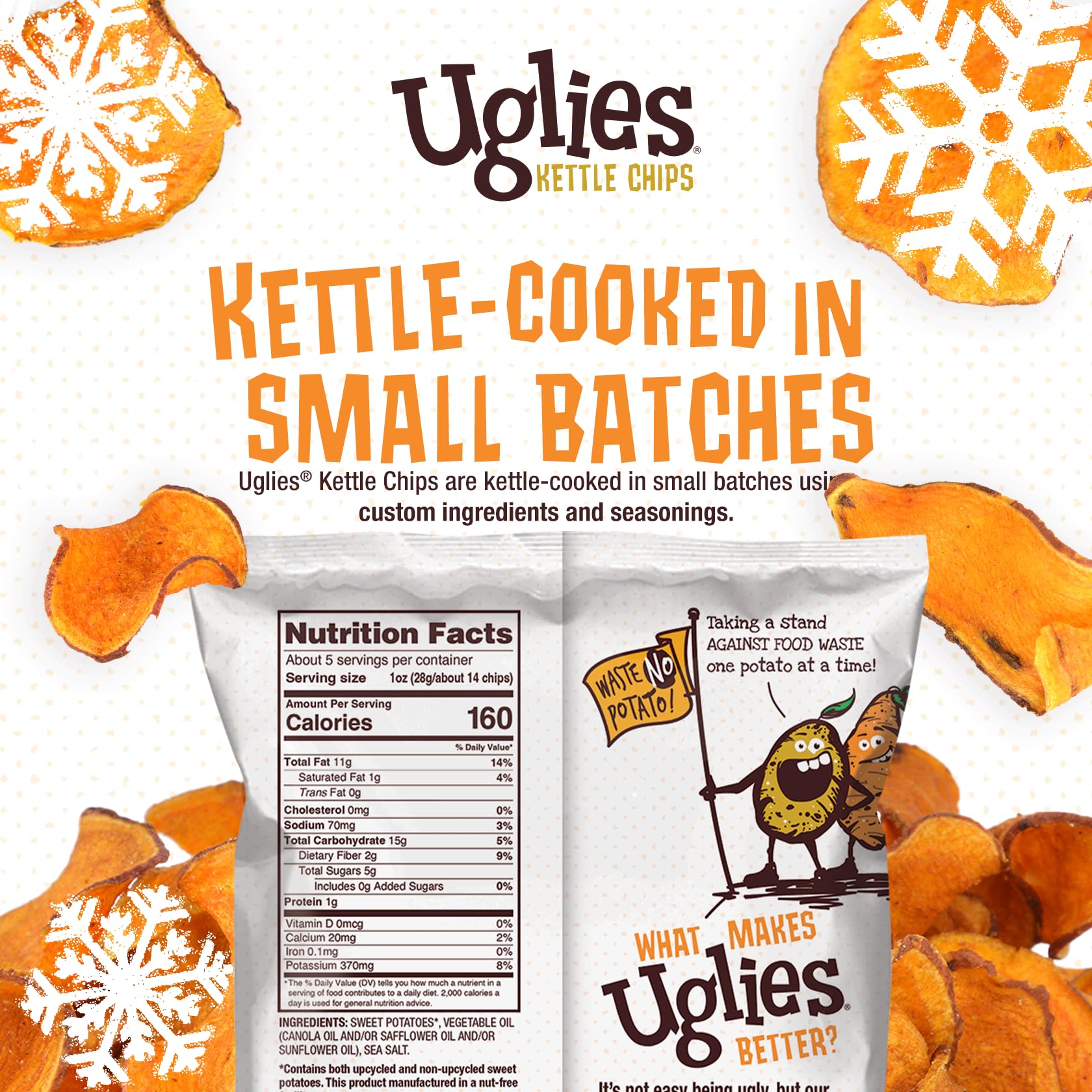 UGLIES Potato Chips variety pack displaying Sea Salt, Barbeque, Jalapeño, Salt & Vinegar.