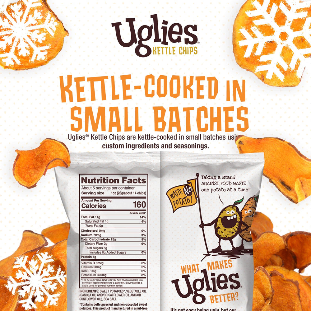 UGLIES Potato Chips variety pack displaying Sea Salt, Barbeque, Jalapeño, Salt & Vinegar.