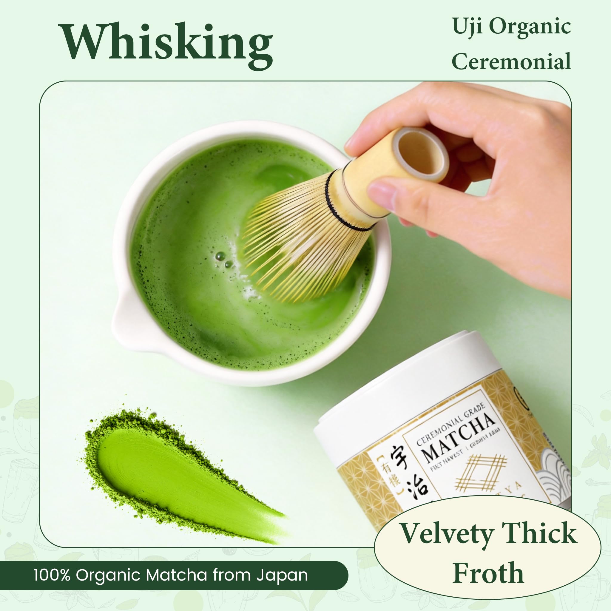 UJITYA matcha whisking in a bowl creates smooth foam